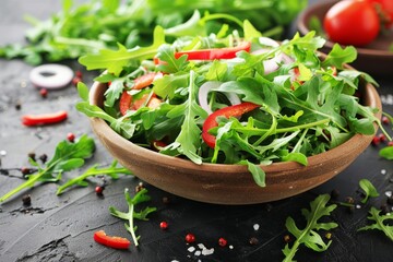 Colorful salad with bell peppers, arugula, onions, and fresh herbs set on a dining table