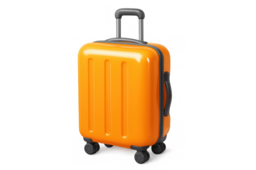 3d rendered orange rolling luggage with telescoping handle, positioned against transparent backdrop