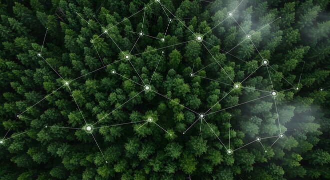 Aerial View of Forest with Connected Dots – Environmental Technology, Nature and Innovation, Eco-Friendly Concepts