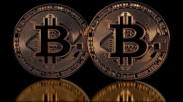 Two gleaming golden bitcoin coins representing digital currency with precision and exactness in a modern economy. Bitcoin Coins in Symmetry &ndash; Animated Video Version