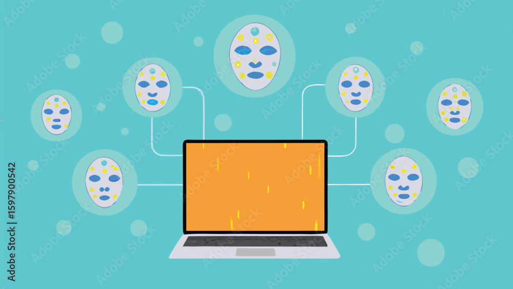 Poster laptop connected to multiple avatars on a blue background with floating circles design style image