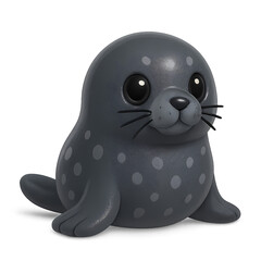 Adorable 3D cartoon seal with black spots and rounded body, sitting and smiling. Great for ocean themes and educational materials
