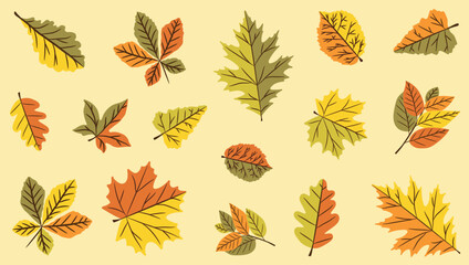 Vector set of autumn leaves on a cream background. It includes stylized images of oak, maple, birch, chestnut and other trees in an autumn color palette. For creating autumn designs, postcards, invita