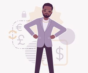 Dark skin currency trader financial market stock exchange sure pose. Stockbroker dealer, investment advisor vector flat style cartoon illustration, dollar, euro, pound currency signs background
