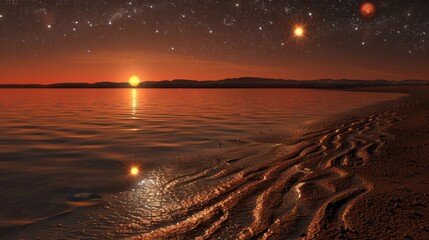 Stunning planetary scene with crystalline lakes and twin suns illuminating the horizon