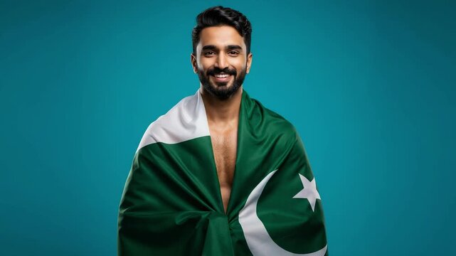 Proud young Pakistani man with a beard smiling while holding the national flag. Studio portrait of a happy patriot.