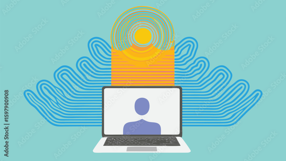 Poster laptop displaying a person with radiating waves and an abstract background design element behind it