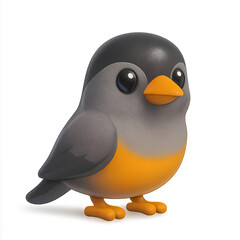 3D render of a small cartoon bird with grey wings and orange chest, created in modern glossy icon style, perfect for nature, wildlife, and children’s digital content