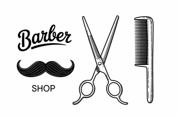 A vintage barber shop illustration features scissors, comb, and mustache, representing classic grooming and hairstyling services