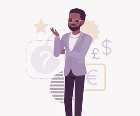 Dark skin currency trader financial market stock exchange speak pose. Stockbroker dealer, investment advisor vector flat style cartoon illustration, dollar, euro, pound currency signs background