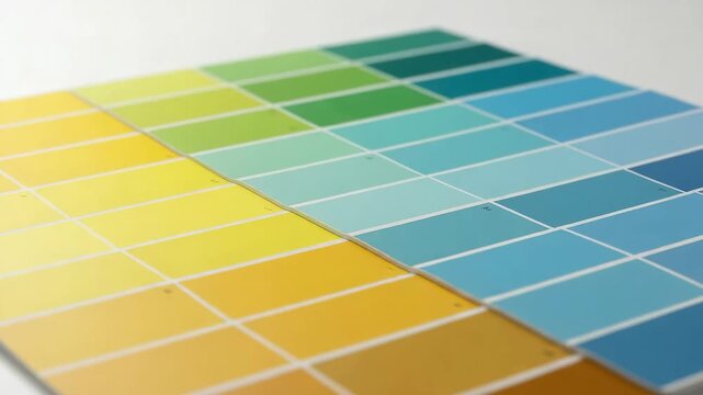 Color palette with a range of yellow, green, and blue swatches. Paint samples for interior design and decoration. Color selection guide.