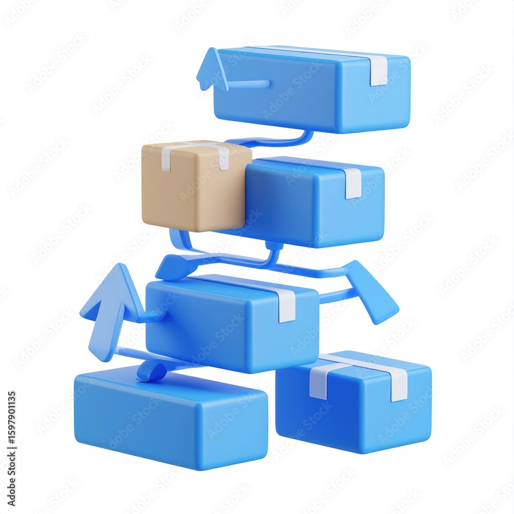 Poster 3d rendered boxes with arrows illustrating project workflow process isolated on white background