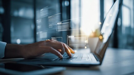 The hand typing on a laptop with digital interface and data visualization.