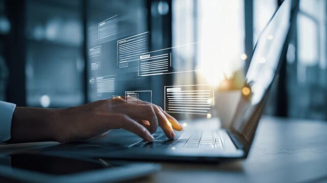 The hand typing on a laptop with digital interface and data visualization.