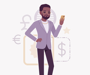 Dark skin currency trader financial market stock exchange phone user pose. Stockbroker dealer, investment advisor vector flat style cartoon illustration, dollar, euro, pound currency signs background