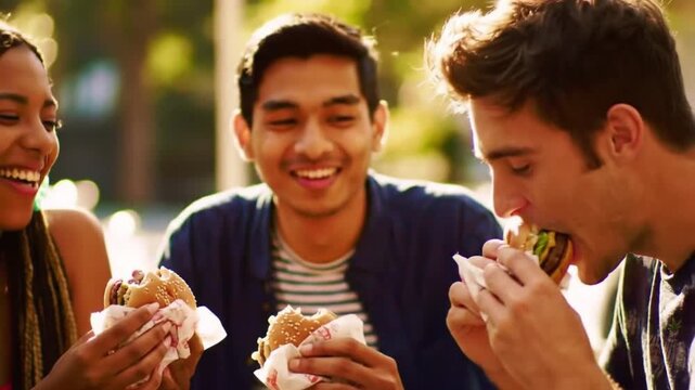 Friends enjoying burgers outdoors in a sunny park, sharing laughter and good times together
