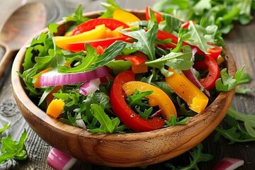 Colorful salad with bell peppers, arugula, onions, and fresh herbs presented on dining table