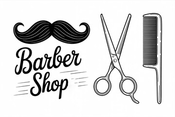 A vintage barber shop design featuring a mustache, scissors, and comb evokes a classic and stylish grooming experience