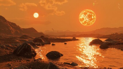 Stunning planetary landscape with crystalline lakes and dual suns brightening the horizon