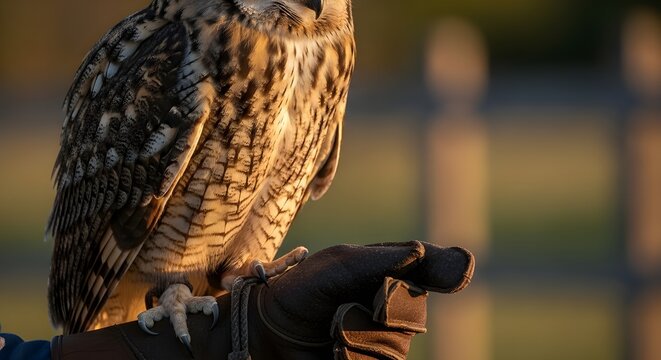Owl Perched on Gloved Hand of Falconer During Golden Sunset