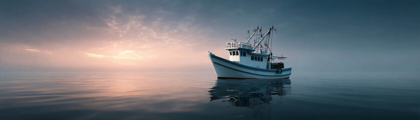Fishing boat on calm sea at sunset, tranquil sky peaceful water reflection