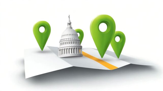 A landmark building highlighted with location markers on a map. A visual representation of place and guidance