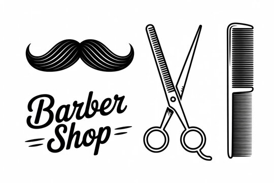 A vintage barber shop design featuring a mustache, scissors, and comb isolated on white background