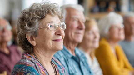 Closeup of senior participants attentively listening to a knowledgeable speaker at a wellness workshop. Colorful probiotic supplement packaging is displayed on a nearby table highlighting