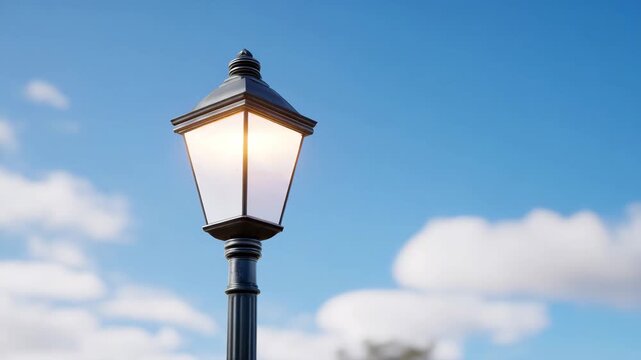 A vintage lamppost against a clear blue sky with fluffy clouds