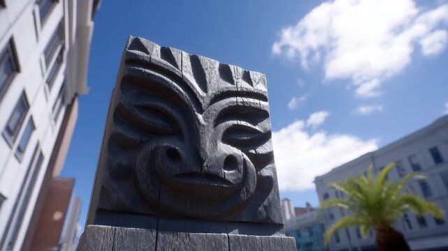 A captivating shot of a detailed traditional Maori carving under a blue sky, showcasing the artistic heritage of culture. The weather is sunny and a palm tree add extra vibe to the art 