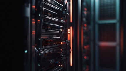 Professional server room with organized cable management and glowing lights displays data flow and network activity