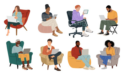 Set of Business people working at laptop. Different casual men, women sitting on armchairs, chairs with computer. Vector realistic illustrations isolated on transparent background.