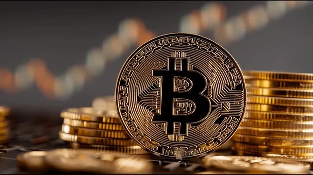 Shiny bitcoin coin representing cryptocurrency staking strategy and earning rewards in the digital financial landscape. Bitcoin Staking Rewards &ndash; Animated Video Version