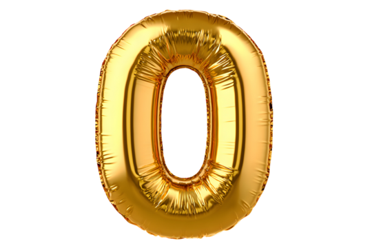 Gold Foil Number Zero Balloon on Transparent Background