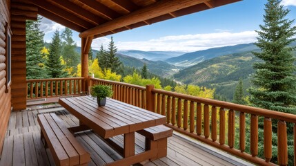 Wooden picnic table on log cabin porch overlooking scenic valley
