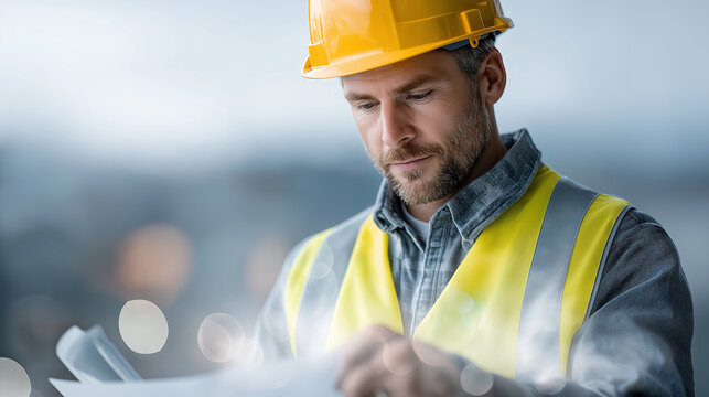 Futuristic construction scene with double exposure of a builder figure in safety vest holding blueprints and helmet, overlaid with cranes, skyscrapers, and digital abstract city skyline visuals.