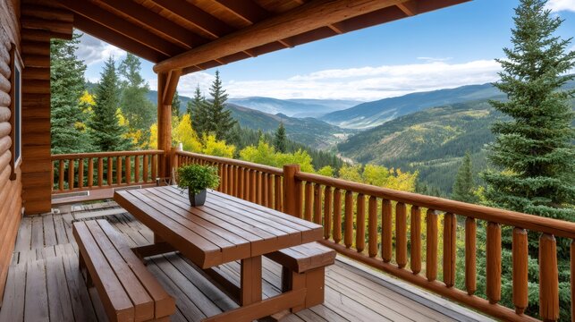 Wooden picnic table on log cabin porch overlooking scenic valley