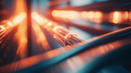 Close-up view of network cables in a data center server room with an orange glow effect