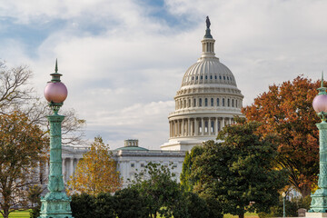 The U.S. Capitol in Washington, D.C., surrounded by vibrant autumn foliage