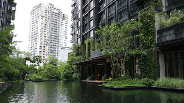 Lush greenery surrounds a modern architectural complex.