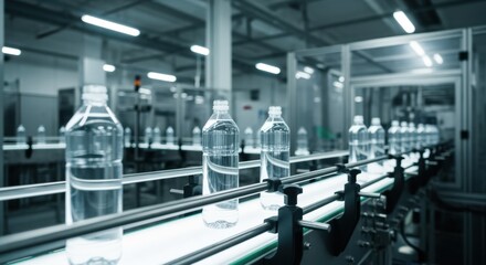 Obraz premium Plastic water bottles are moving on an illuminated conveyor belt inside a beverage bottling factory, showcasing the automated production process
