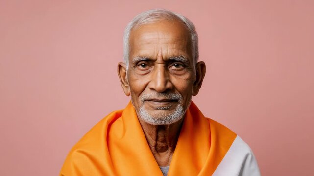 Portrait of a proud elderly Indian man draped in the national flag of India. Senior citizen showing patriotism and national pride on a pink background.