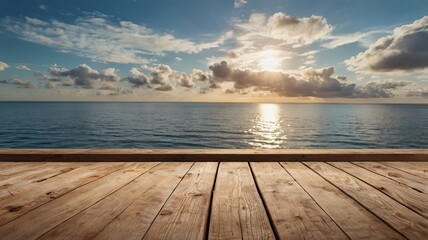 Fototapeta premium Wooden Terrace Table Overlooking Tranquil Summer Ocean View - 1