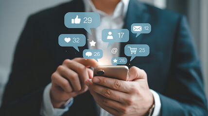 Person using smartphone with social media notifications likes comments