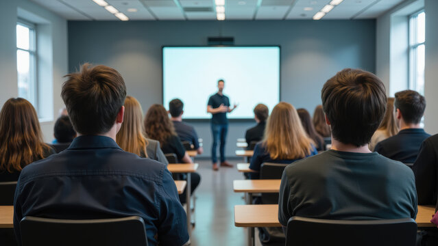 Engaging classroom setting with students attentively listening to speaker presenting on screen. atmosphere is focused and collaborative - Powered by Adobe