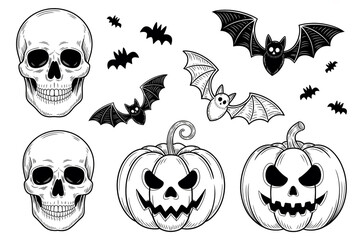 Fototapeta premium Spooky halloween drawing with skulls, bats, and pumpkins isolated on white background for a festive design