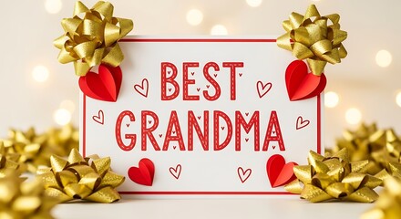 Festive greeting for best grandma with red hearts and gold bows greeting card