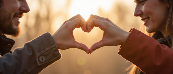 Couple forming heart shape with hands sunset background love connection romance happiness outdoor togetherness