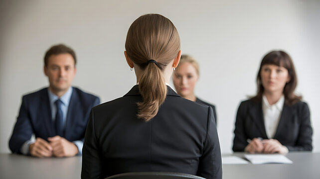 Professional interview panel assessing candidate business people - Powered by Adobe