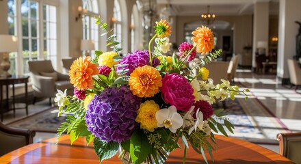 Fototapeta premium Vibrant Floral Arrangement in Elegant Lobby, Dahlias, Hydrangeas, Orchids, and Eucalyptus